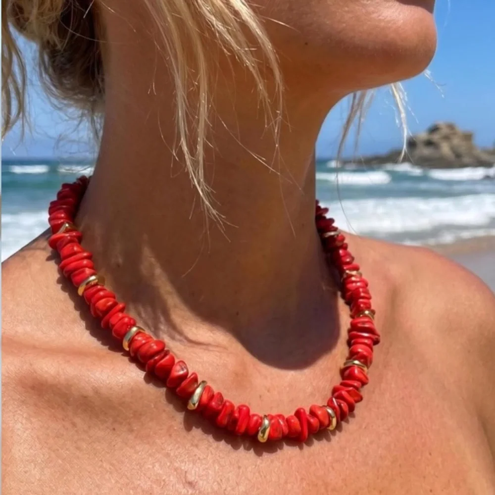 Red Bead Necklace with Gold Accents new